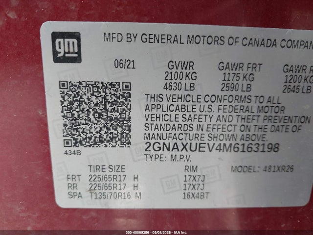 45069386 :رقم المزاد ، 2GNAXUEV4M6163198 vin ، 2021 Chevrolet Equinox Awd Lt مزاد بيع
