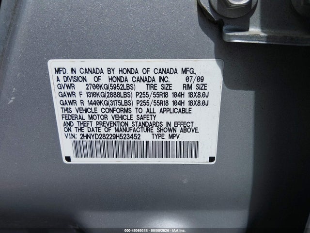Продаж на аукціоні авто 2009 Acura Mdx, vin: 2HNYD28229H523452, номер лоту: 45069388