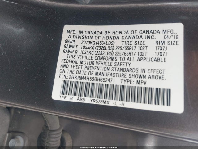 Продаж на аукціоні авто 2016 Honda Cr-v Ex, vin: 2HKRM4H59GH652471, номер лоту: 45069392