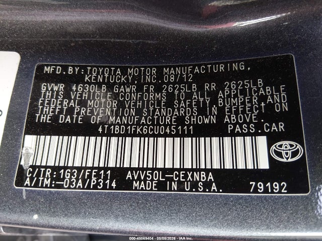 45069404 :رقم المزاد ، 4T1BD1FK6CU045111 vin ، 2012 Toyota Camry Hybrid Le مزاد بيع