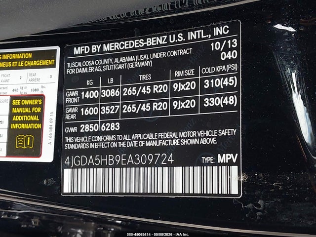 Aukcja sprzedaży 2014 Mercedes-benz Ml 350 4matic, vin: 4JGDA5HB9EA309724, numer aukcji: 45069414