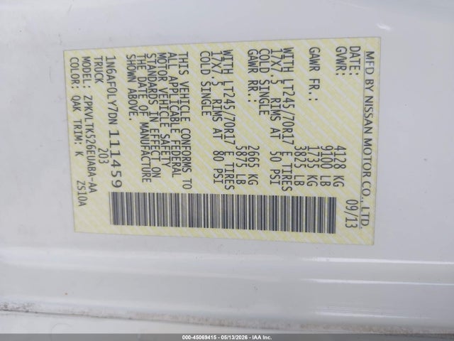 45069415 :رقم المزاد ، 1N6AF0LY7DN111459 vin ، 2013 Nissan Nv Cargo Nv2500 Hd Sv V8 مزاد بيع