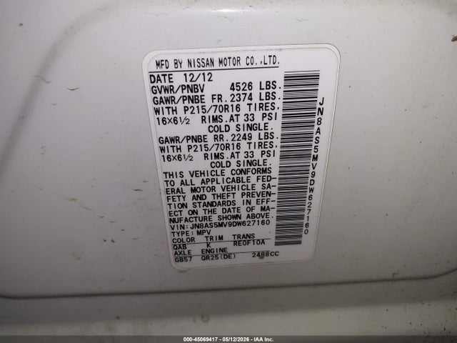 Aukcja sprzedaży 2013 Nissan Rogue S, vin: JN8AS5MV9DW627160, numer aukcji: 45069417