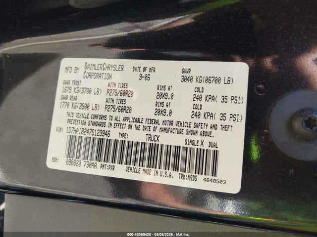 Aukcja sprzedaży 2007 Dodge Ram 1500 Slt, vin: 1D7HA18247S123946, numer aukcji: 45069420