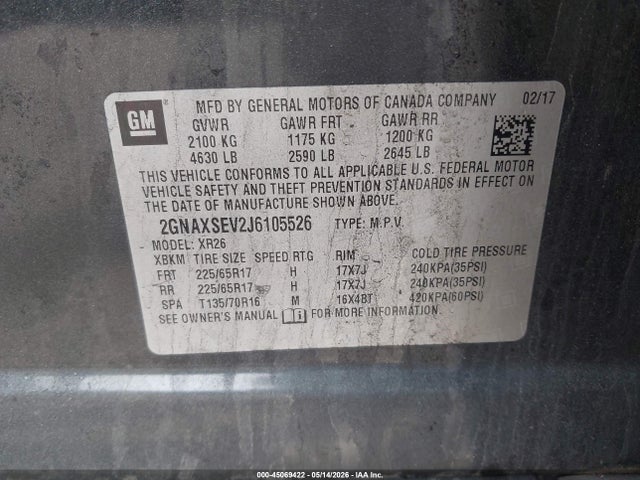 Продаж на аукціоні авто 2018 Chevrolet Equinox Lt, vin: 2GNAXSEV2J6105526, номер лоту: 45069422