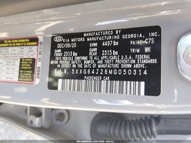 Aukcja sprzedaży 2021 Kia K5 Gt-line, vin: 5XXG64J26MG050314, numer aukcji: 45069424