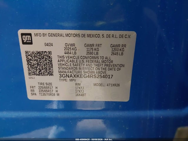 Aukcja sprzedaży 2024 Chevrolet Equinox Fwd Lt, vin: 3GNAXKEG4RS254017, numer aukcji: 45069425