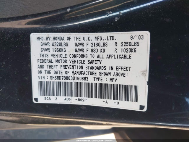 2003 Honda Cr-v Ex მანქანა იყიდება აუქციონზე, vin: SHSRD78803U160683, აუქციონის ნომერი: 45069429