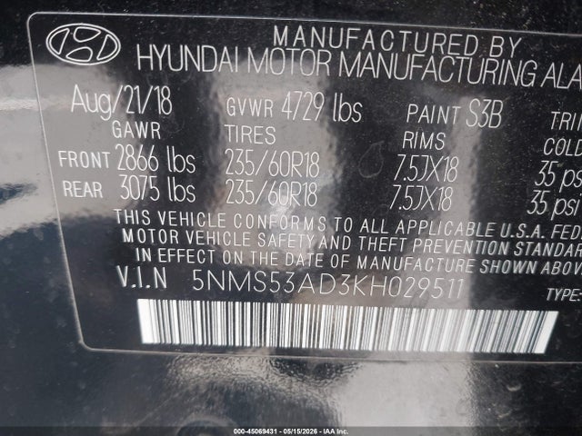 Aukcja sprzedaży 2019 Hyundai Santa Fe Ultimate, vin: 5NMS53AD3KH029511, numer aukcji: 45069431