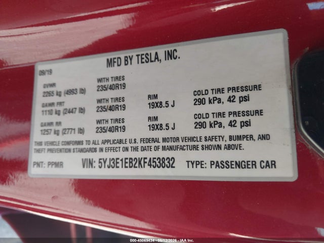 Tesla Model 3 Long Range/performance 2019 5YJ3E1EB2KF453832 Image 9