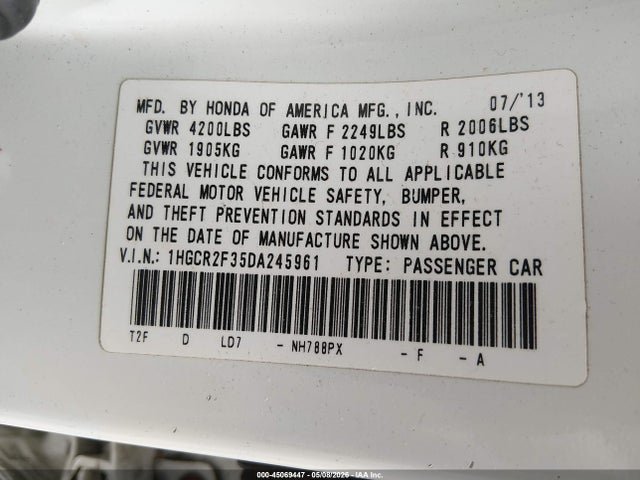 45069447 :رقم المزاد ، 1HGCR2F35DA245961 vin ، 2013 Honda Accord Lx مزاد بيع