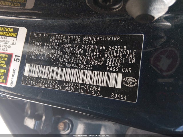 2018 Toyota Camry Le მანქანა იყიდება აუქციონზე, vin: 4T1B11HK9JU502223, აუქციონის ნომერი: 45069449
