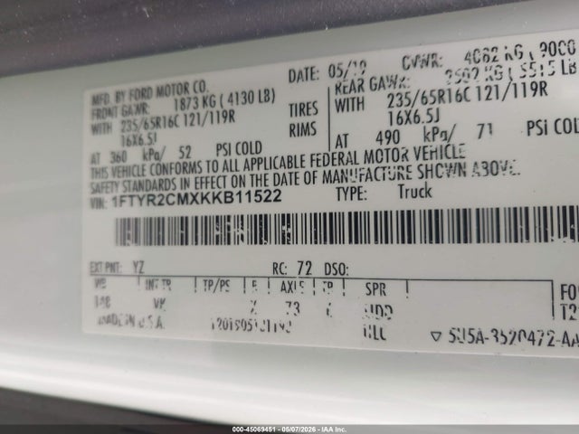 Aukcja sprzedaży 2019 Ford Transit-250, vin: 1FTYR2CMXKKB11522, numer aukcji: 45069451