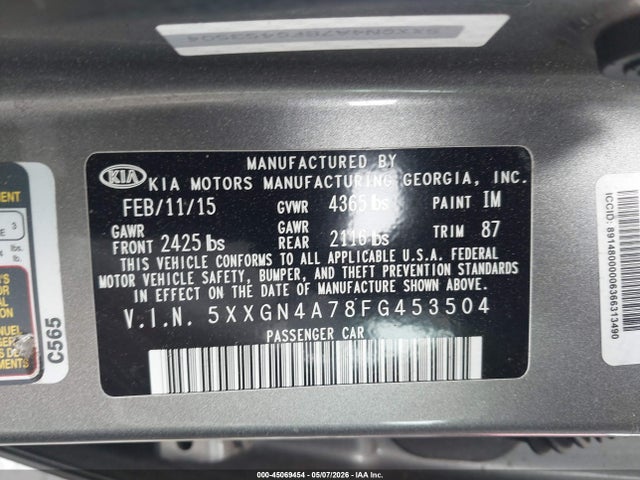Aukcja sprzedaży 2015 Kia Optima Ex, vin: 5XXGN4A78FG453504, numer aukcji: 45069454