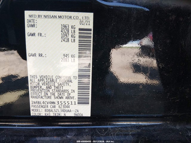 2021 Nissan Altima Sr Fwd მანქანა იყიდება აუქციონზე, vin: 1N4BL4CV4MN355511, აუქციონის ნომერი: 45069458