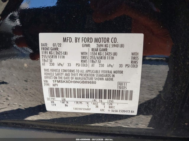 Aukcja sprzedaży 2022 Ford Explorer Xlt, vin: 1FMSK8DH9NGB89680, numer aukcji: 45069466
