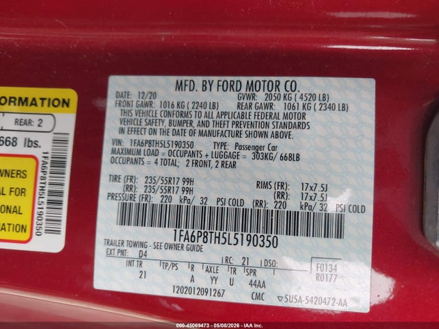 Продажа на аукционе авто 2020 Ford Mustang Ecoboost Fastback, vin: 1FA6P8TH5L5190350, номер лота: 45069473