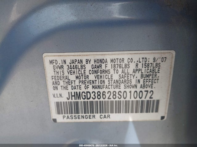 Продаж на аукціоні авто 2008 Honda Fit Sport, vin: JHMGD38628S010072, номер лоту: 45069476