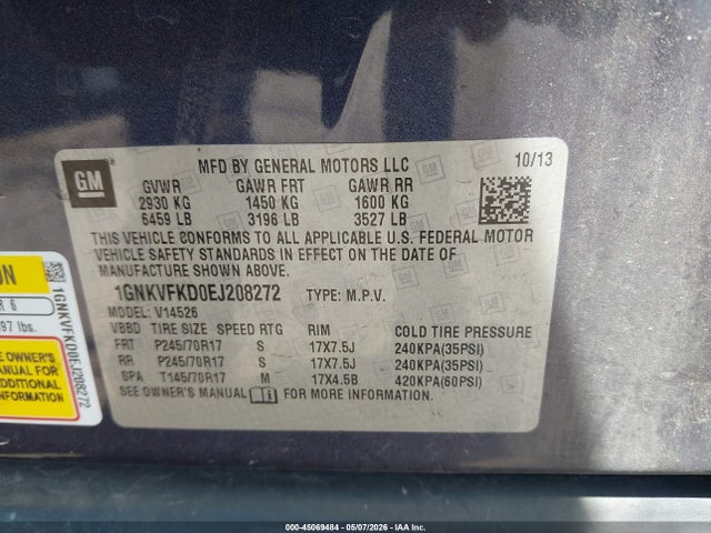 Aukcja sprzedaży 2014 Chevrolet Traverse Ls, vin: 1GNKVFKD0EJ208272, numer aukcji: 45069484