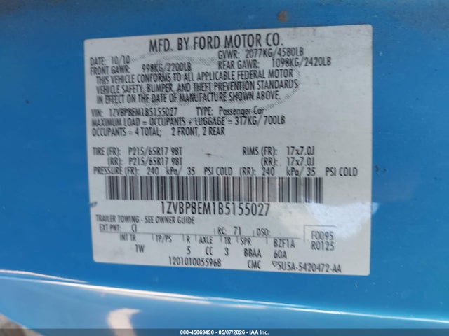 Продажа на аукционе авто 2011 Ford Mustang V6, vin: 1ZVBP8EM1B5155027, номер лота: 45069490