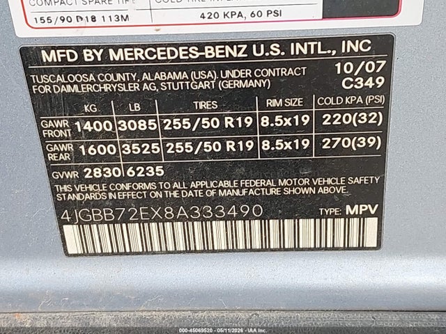 45069520 :رقم المزاد ، 4JGBB72EX8A333490 vin ، 2008 Mercedes-benz Ml 550 4matic مزاد بيع