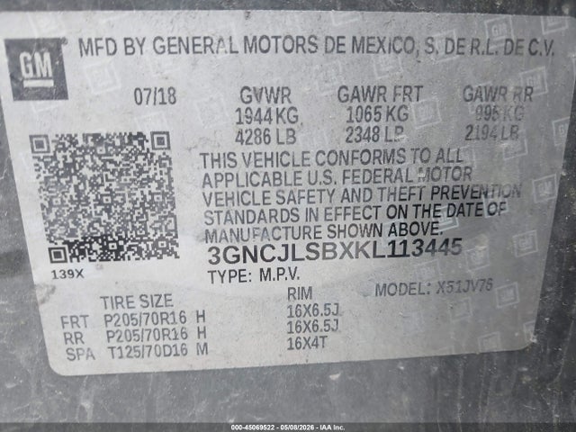 Продажа на аукционе авто 2019 Chevrolet Trax Lt, vin: 3GNCJLSBXKL113445, номер лота: 45069522
