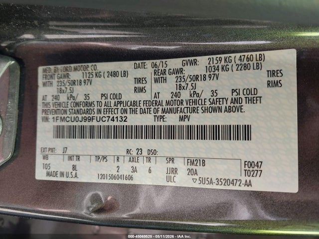 Aukcja sprzedaży 2015 Ford Escape Titanium, vin: 1FMCU0J99FUC74132, numer aukcji: 45069525