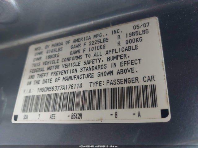45069529 :رقم المزاد ، 1HGCM56377A176114 vin ، 2007 Honda Accord 2.4 Se مزاد بيع