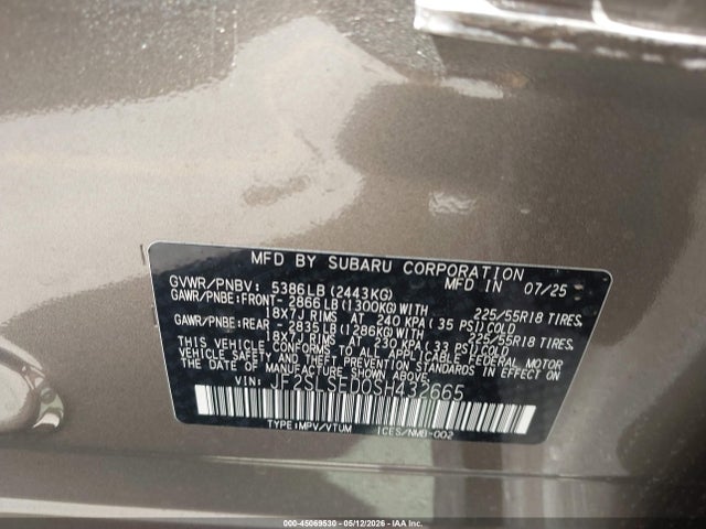 2025 Subaru Forester Premium Hybrid მანქანა იყიდება აუქციონზე, vin: JF2SLSED0SH432665, აუქციონის ნომერი: 45069530