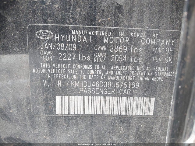 2009 Hyundai Elantra Gls მანქანა იყიდება აუქციონზე, vin: KMHDU46D39U676189, აუქციონის ნომერი: 45069534