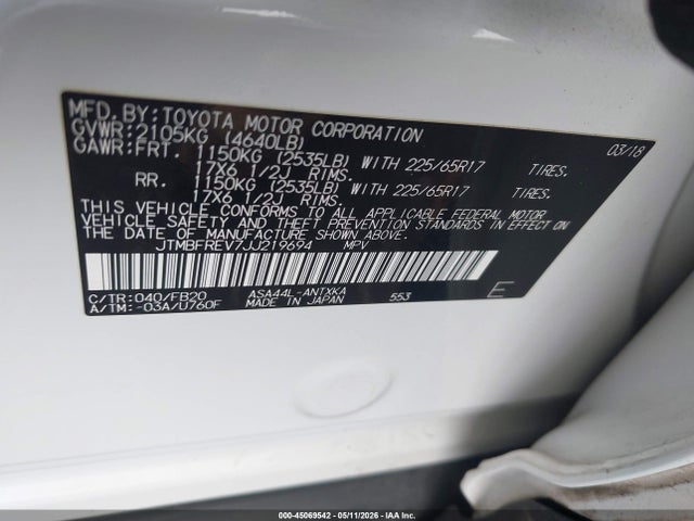 Продажа на аукционе авто 2018 Toyota Rav4 Le, vin: JTMBFREV7JJ219694, номер лота: 45069542