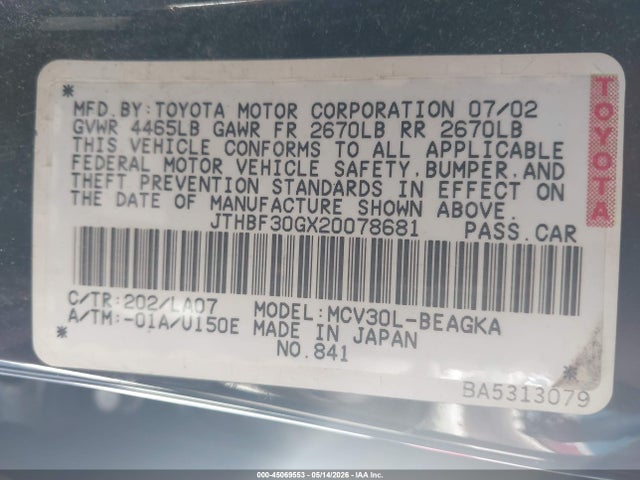 Aukcja sprzedaży 2002 Lexus Es 300, vin: JTHBF30GX20078681, numer aukcji: 45069553