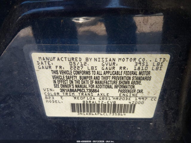 2012 Nissan Sentra 2.0 S მანქანა იყიდება აუქციონზე, vin: 3N1AB6AP6CL735864, აუქციონის ნომერი: 45069556