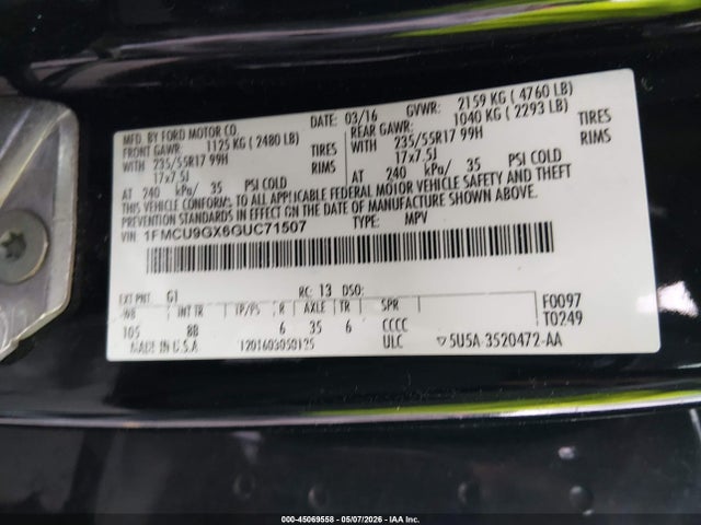 2016 Ford Escape Se მანქანა იყიდება აუქციონზე, vin: 1FMCU9GX6GUC71507, აუქციონის ნომერი: 45069558