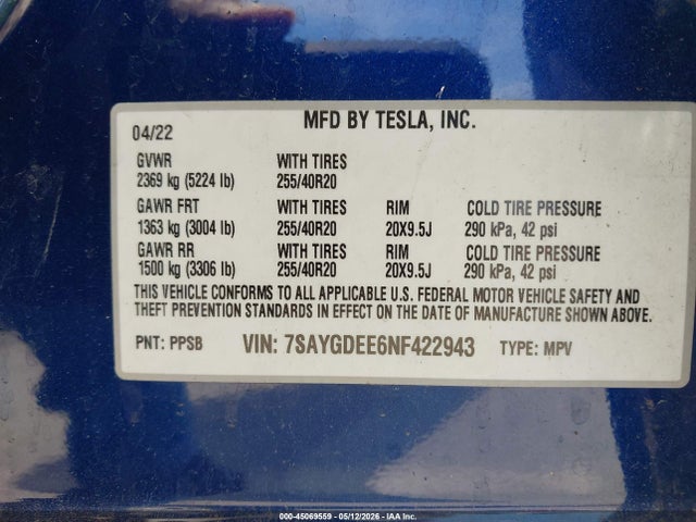 Продаж на аукціоні авто 2022 Tesla Model Y Long Range Dual Motor All-wheel Drive, vin: 7SAYGDEE6NF422943, номер лоту: 45069559