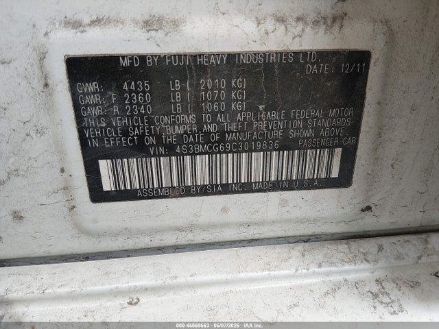 Aukcja sprzedaży 2012 Subaru Legacy 2.5i Premium, vin: 4S3BMCG69C3019836, numer aukcji: 45069563
