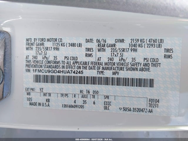2017 Ford Escape Se მანქანა იყიდება აუქციონზე, vin: 1FMCU9GD4HUA74245, აუქციონის ნომერი: 45069564