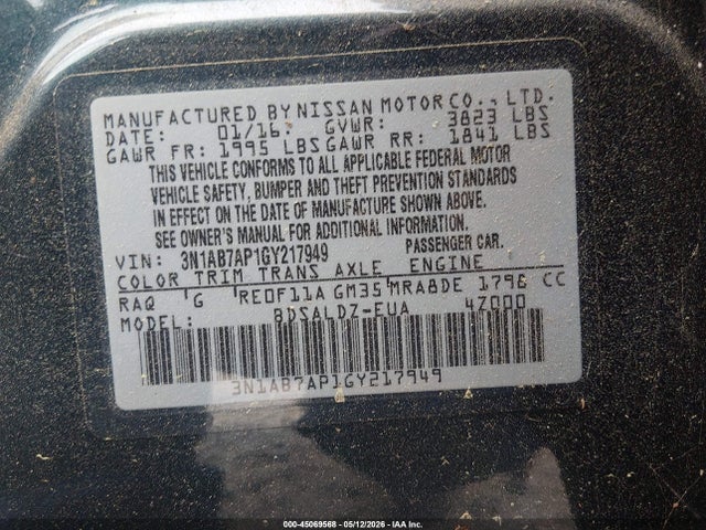 Aukcja sprzedaży 2016 Nissan Sentra Sv, vin: 3N1AB7AP1GY217949, numer aukcji: 45069568