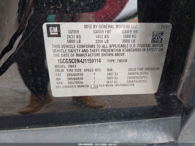 45069569 :رقم المزاد ، 1GCGSCEN4J1159114 vin ، 2018 Chevrolet Colorado Lt مزاد بيع