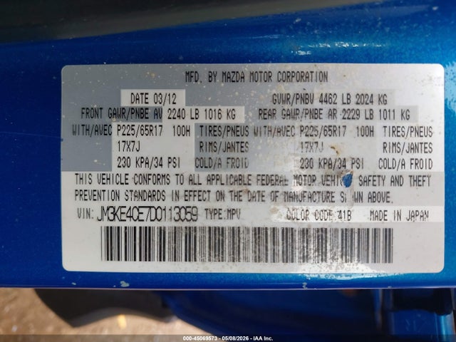 45069573 :رقم المزاد ، JM3KE4CE7D0113059 vin ، 2013 Mazda Cx-5 Touring مزاد بيع