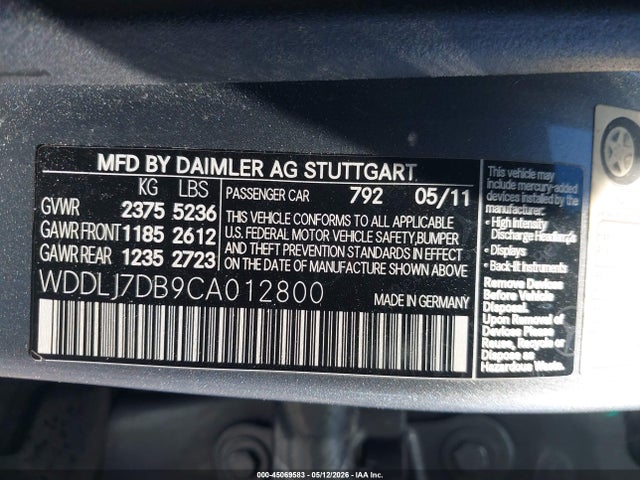 45069583 :رقم المزاد ، WDDLJ7DB9CA012800 vin ، 2012 Mercedes-benz Cls 550 مزاد بيع