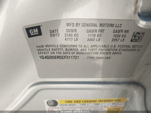 Продажа на аукционе авто 2012 Buick Lacrosse Premium 1 Group, vin: 1G4GD5ER5CF311721, номер лота: 45069585