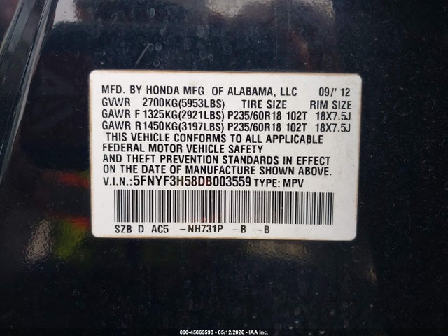 Продажа на аукционе авто 2013 Honda Pilot Ex-l, vin: 5FNYF3H58DB003559, номер лота: 45069590
