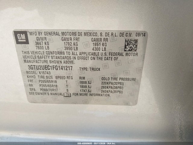 Продаж на аукціоні авто 2015 Gmc Sierra 1500 Sle, vin: 3GTU2UEC1FG141217, номер лоту: 45069600