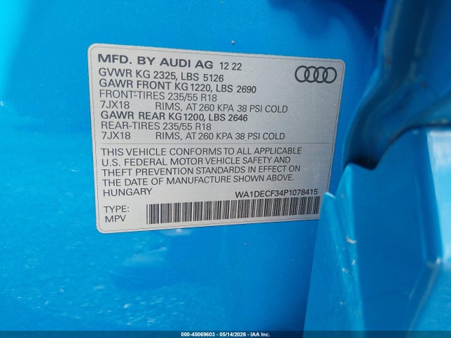 Aukcja sprzedaży 2023 Audi Q3 Premium 45 Tfsi S Line Quattro Tiptronic, vin: WA1DECF34P1078415, numer aukcji: 45069603