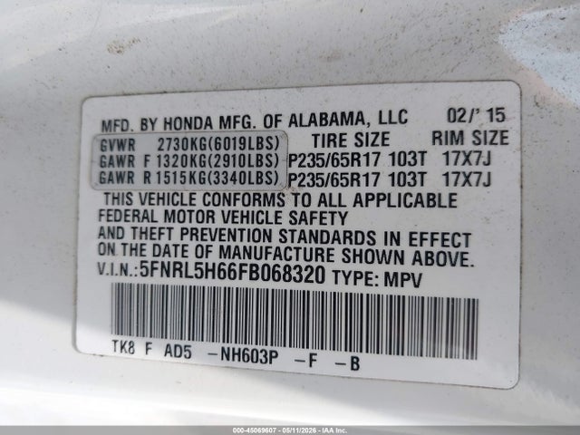 Продаж на аукціоні авто 2015 Honda Odyssey Ex-l, vin: 5FNRL5H66FB068320, номер лоту: 45069607