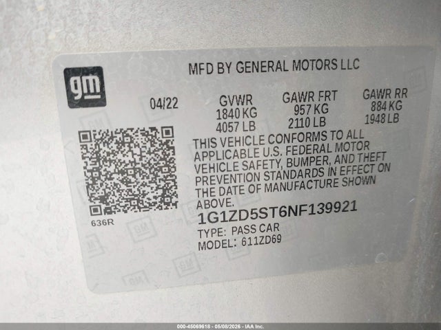1G1ZD5ST6NF139921 Chevrolet Malibu Fwd Lt