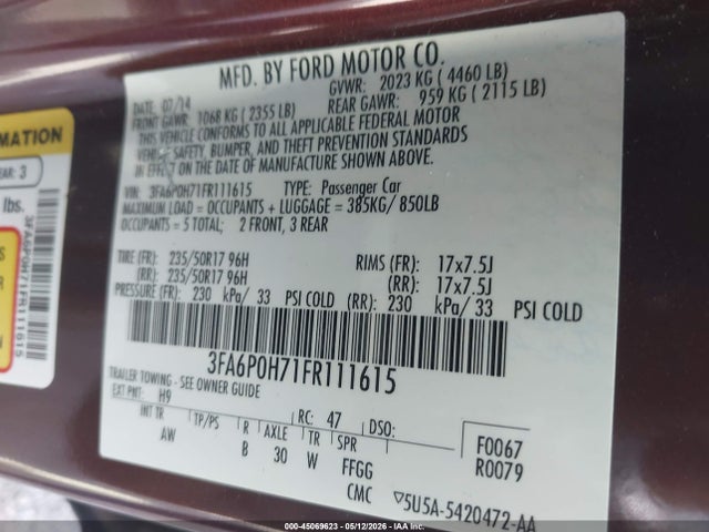 2015 Ford Fusion Se მანქანა იყიდება აუქციონზე, vin: 3FA6P0H71FR111615, აუქციონის ნომერი: 45069623