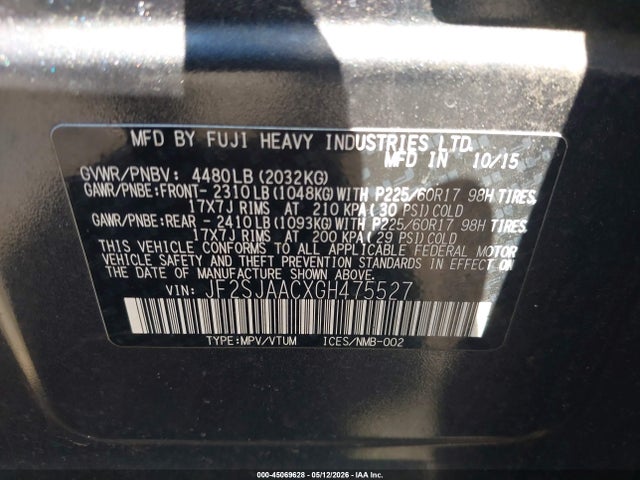 45069628 :رقم المزاد ، JF2SJAACXGH475527 vin ، 2016 Subaru Forester 2.5i مزاد بيع
