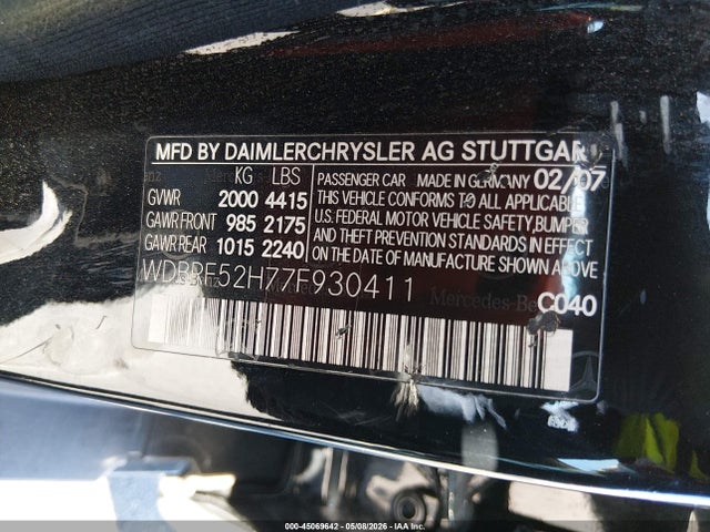45069642 :رقم المزاد ، WDBRF52H77F930411 vin ، 2007 Mercedes-benz C 230 Sport مزاد بيع
